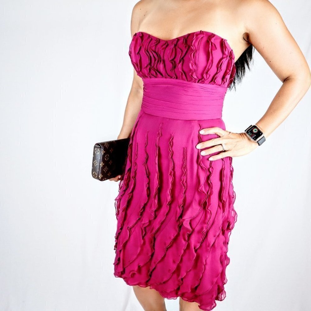 Liancarlo Pink Silk Ruffle Strapless Dress Size 6